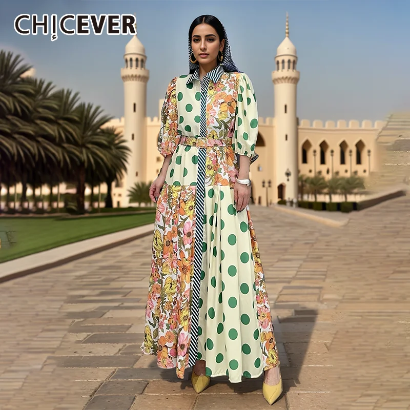 CHICEVER Printing Women Dress Lapel Half Sleeve Single Breasted High Waist Hit Color Oversize Folds Bohemian Spring Dress Female