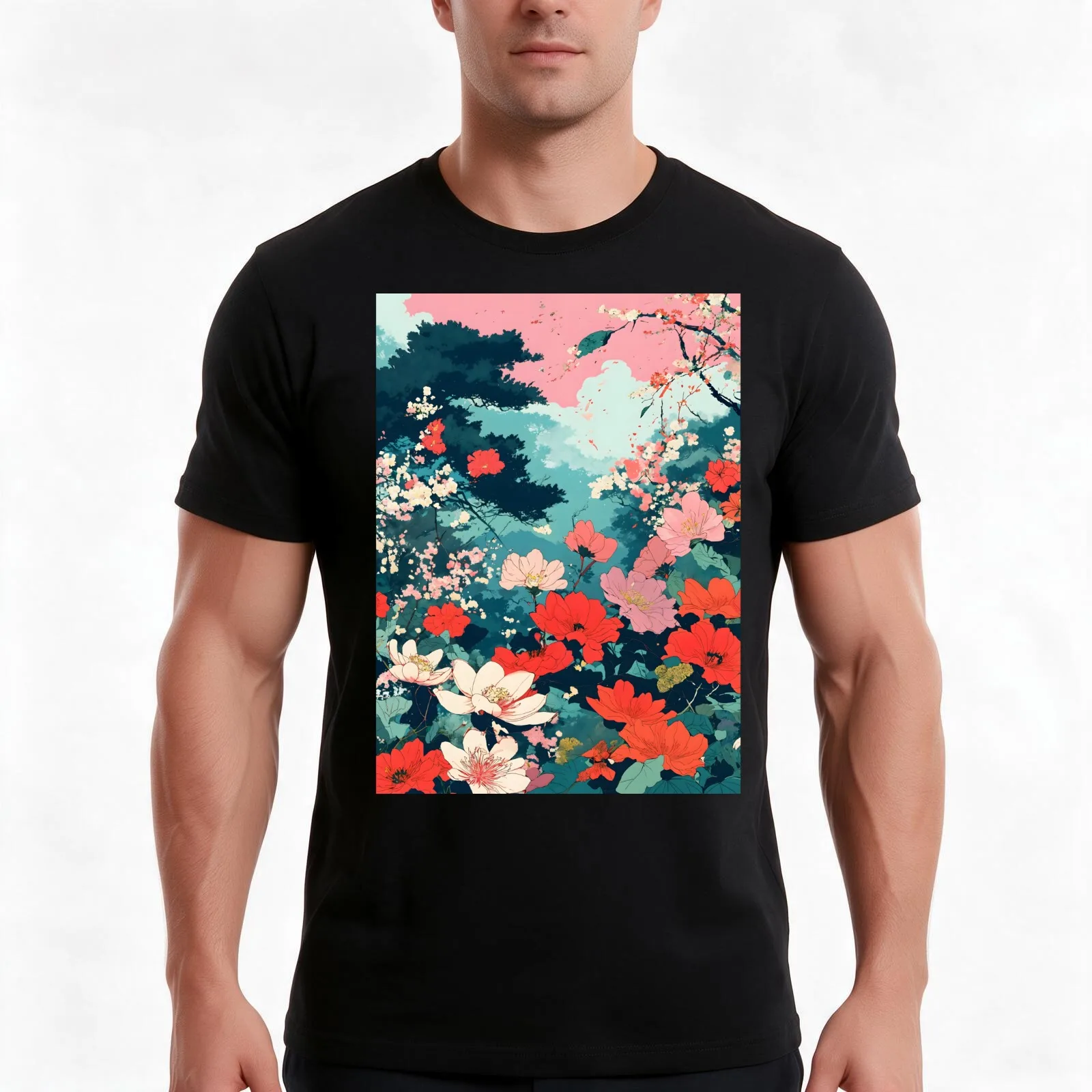 Ukiyo-e Moderna: Floral Fusion T-Shirt Summer Casual Cotton Tee Oversized Streetwear Tops Vintage Graphic Print 100% Cotton