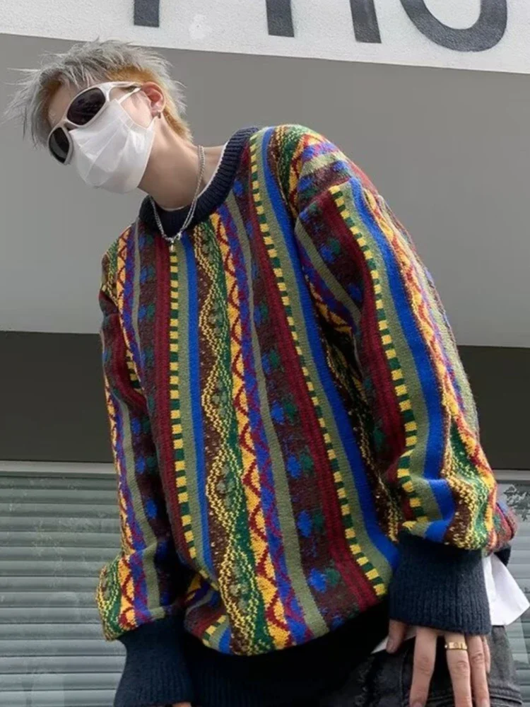 남성용 라운드넥 스웨터, 컬러풀 레트로 캐주얼 패션, 활력 있는 보온, 고급 풀오버 니트, 가을 겨울 신상