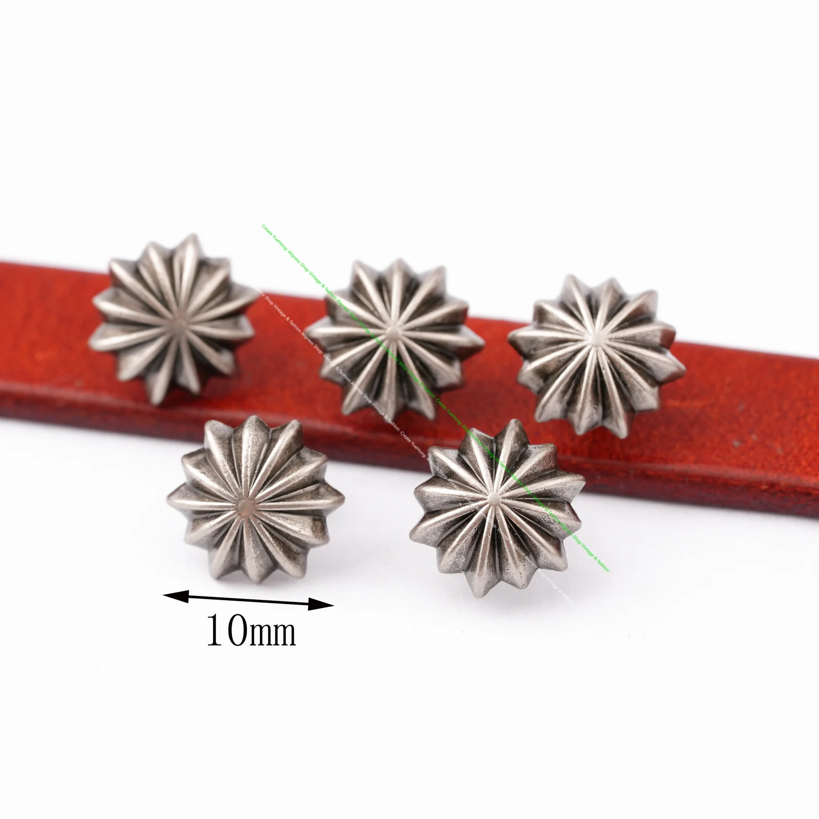 10MM 30 Stück Antik-Silber Blumen-Kürbis-Nieten Druckknöpfe Lederhandwerk Taschen Gürtel Jeans Deko Conchos – Detail 7