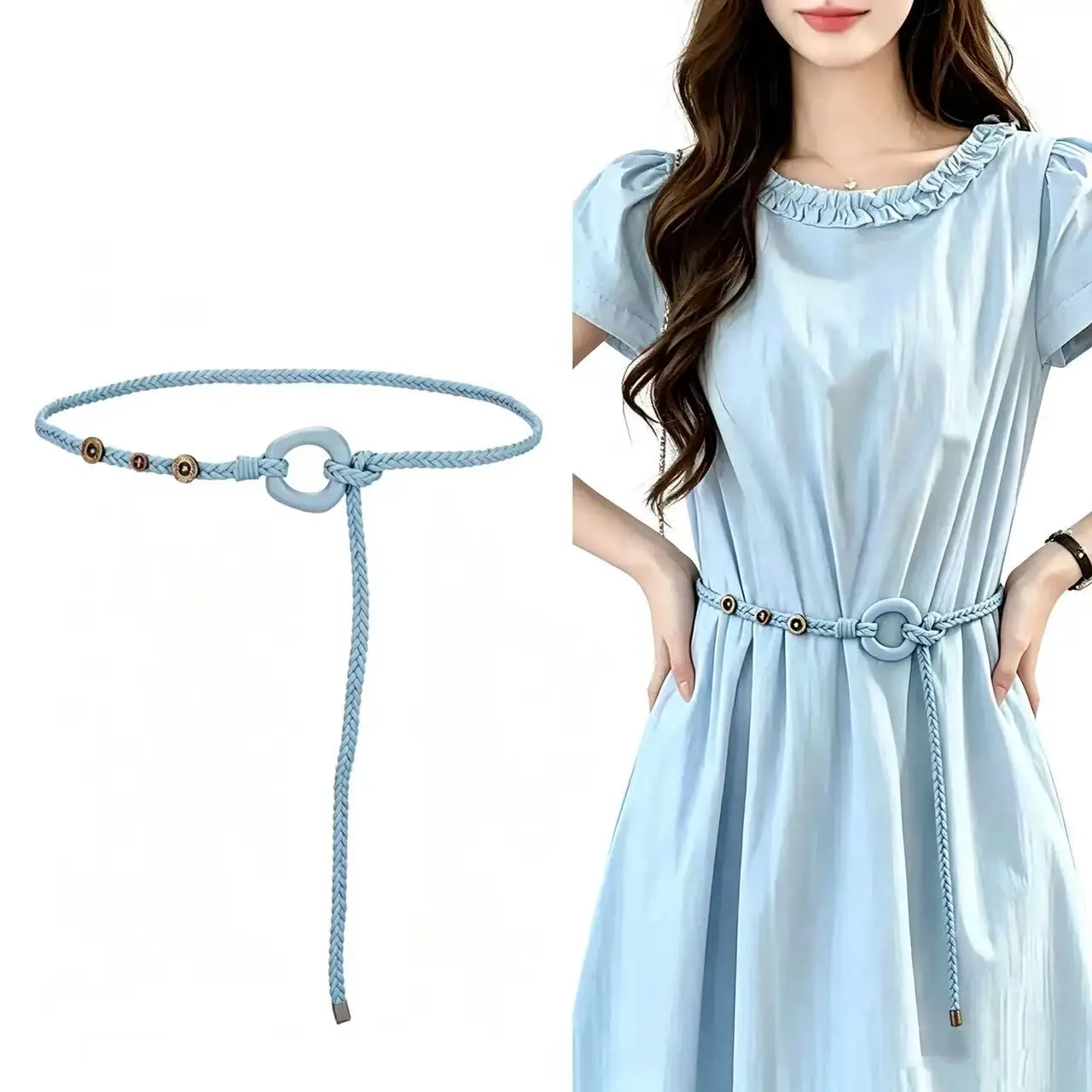New Simple and Versatile Woven Waist Rope for Women, New Bohemian Style Handmade Belt Decoration for Dresses, Small Leather Belt 120cm