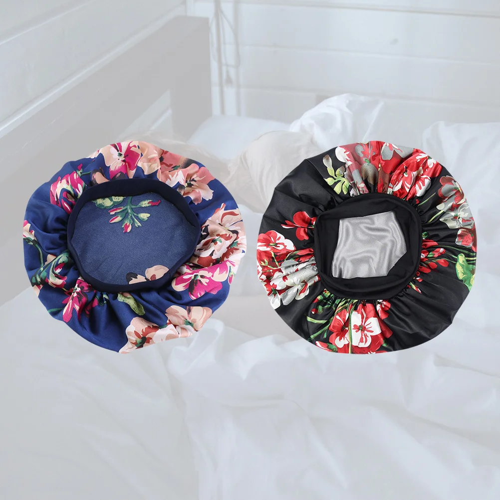 2 Pcs Printed Headwrap for Curly Hair Women Bonnet Sleeping Adult Satin Caps