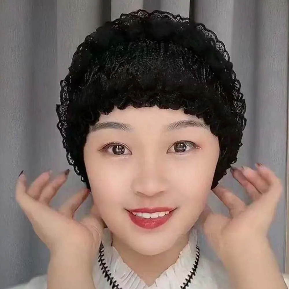 Soft Beauty Lace Curling Hat Polyester Breathable Elderly Beauty Cap Brimless Beanie Solid Color Elastic Curly Hair Hat Gifts