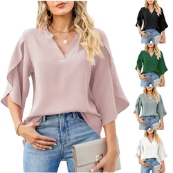 Summer Fashion Casual Commuting Temperament Women's Solid Color V-Neck Pullover Loose 3/4 Sleeve Wooden Ear Edge Chiffon Shirt