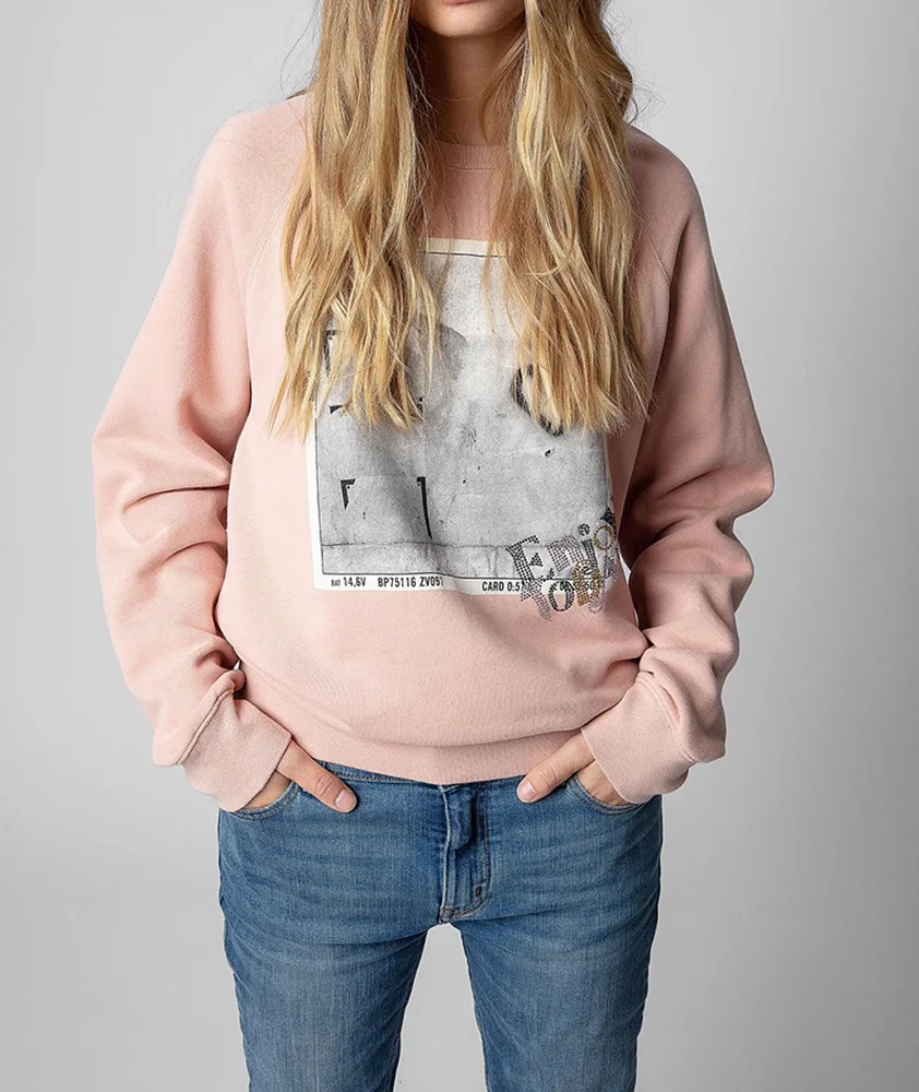 Diamond Letter Picture Cotton Sweatshirt For Women Raglan Sleeve Fashion Casual Chic Pullover Lotus Pink Sweatshirt Top