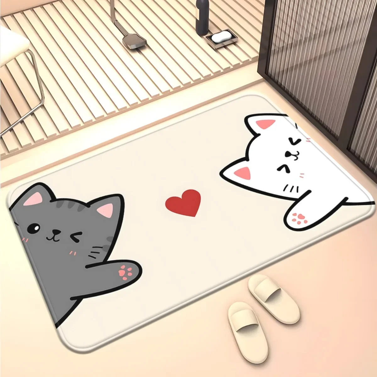 1pc Cute Two Cats With Heart Doormat Non Slip Flannel Rug For Bedroom Living Room Entryway Outdoor