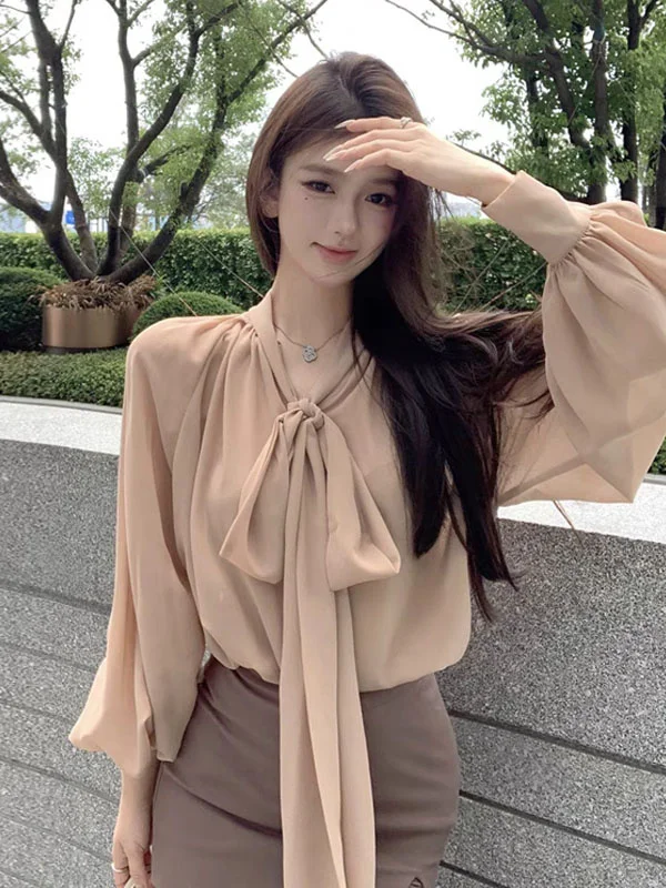 

Женская свободная шифоновая блузка с длинным рукавом, с поясом-завязкой, средней длины, модная, универсальная, повседневная, весенняя коллекция