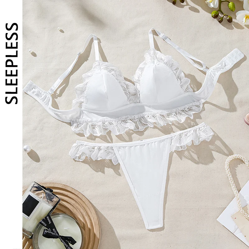 2024 Sexy Lingerie Ruffles Underwear For Women 2 Piece Set Luxury Embroidery Bra Set White Intimate Female Seamless Underwear