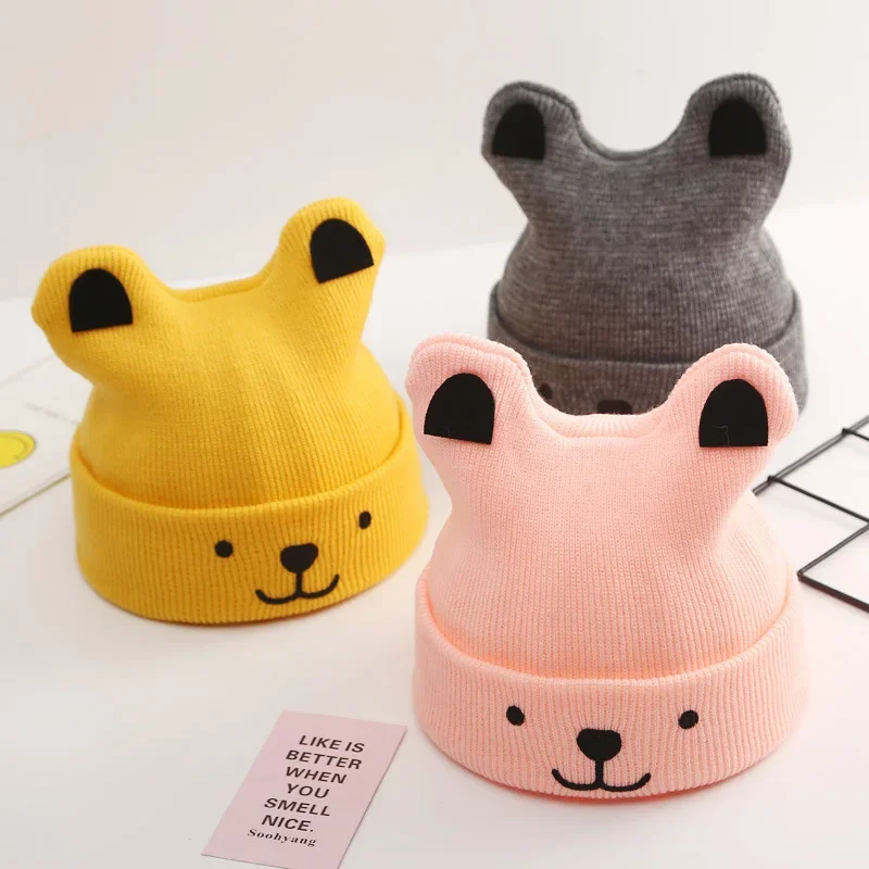 2024 Newborn Baby Knitted Hat Autumn Winter Warm Cap Cartoon Cute Bear Infant Beanie Solid Color Toddler Boys Girls Hats 0-12M