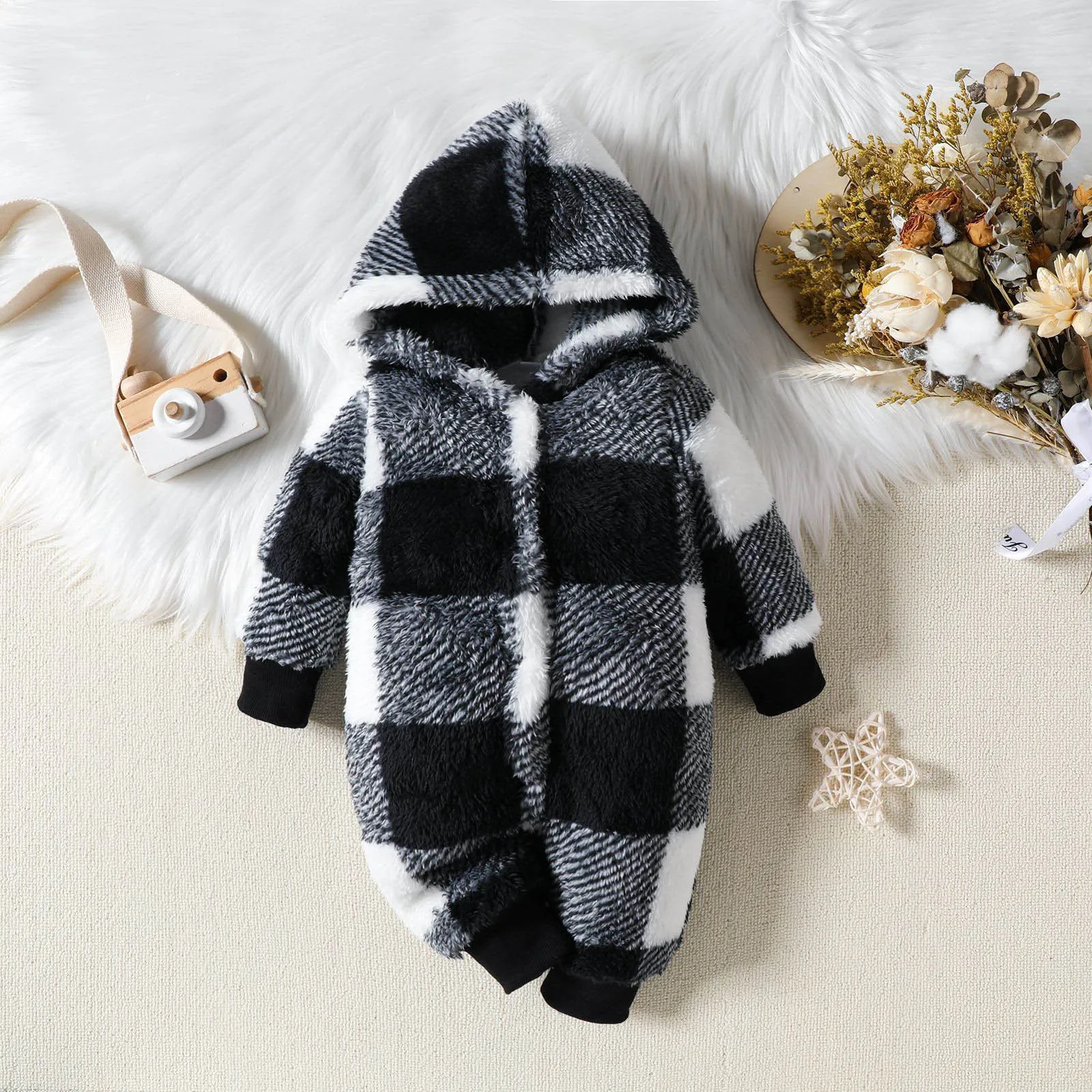 Winter Newborn Baby Boys Snowsuit Autumn Kids Fleece Plaid Long Sleeve Jumpsuits Warm Hooded Rompers for Infants 0-18 Months