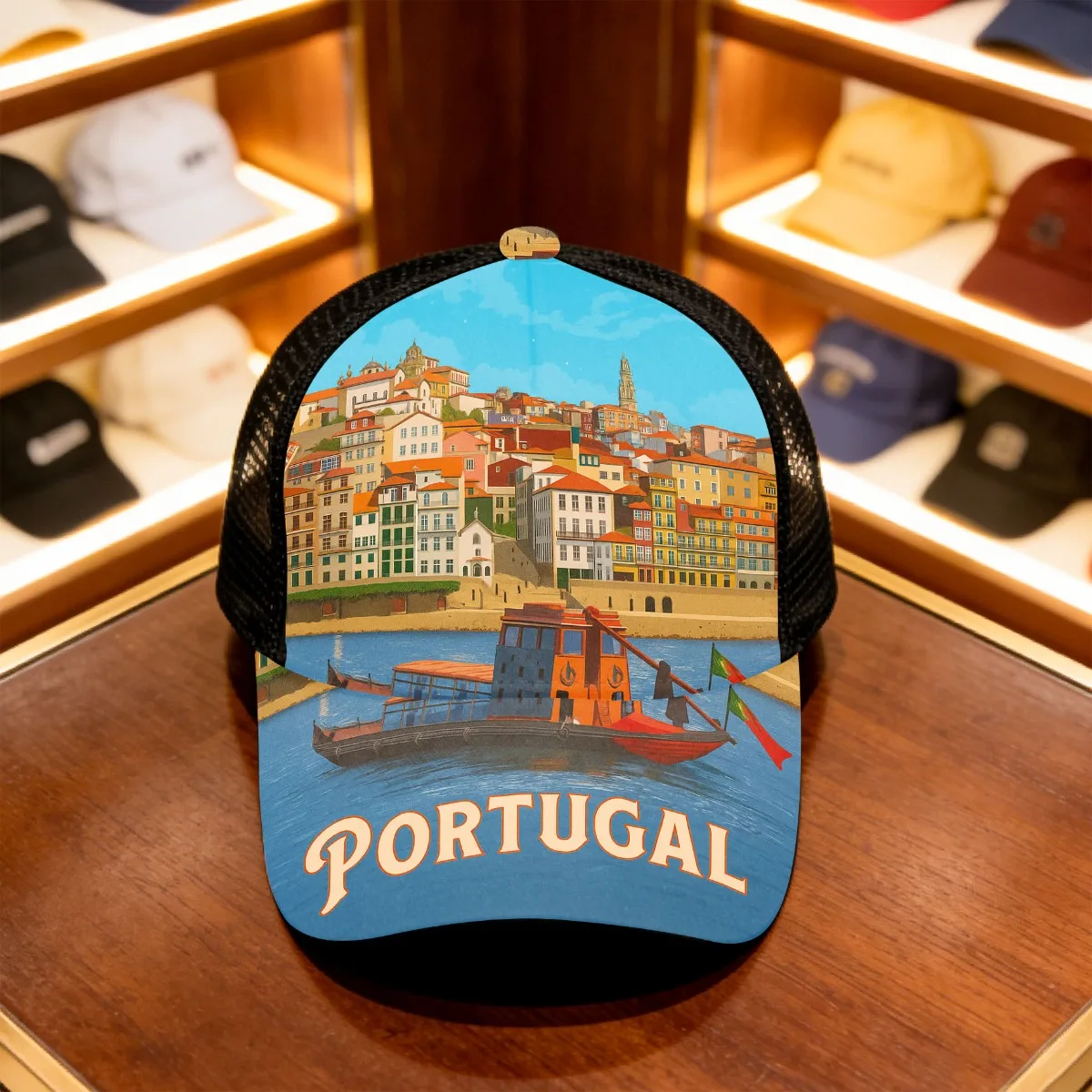 1pc Men' Women' Portugal Harbor Vintage Baseball Cap with Portugal Flag Emblem, Snap Closure, Breathable Mesh