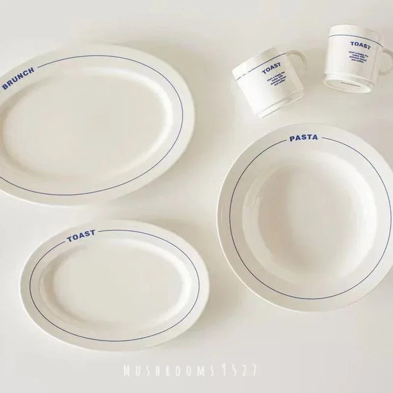 Korean Style Retro Letters Simple Blue Ceramic Plate Tableware Pasta Fried Rice Oval Deep Plate Breakfast Dessert Snack Plate