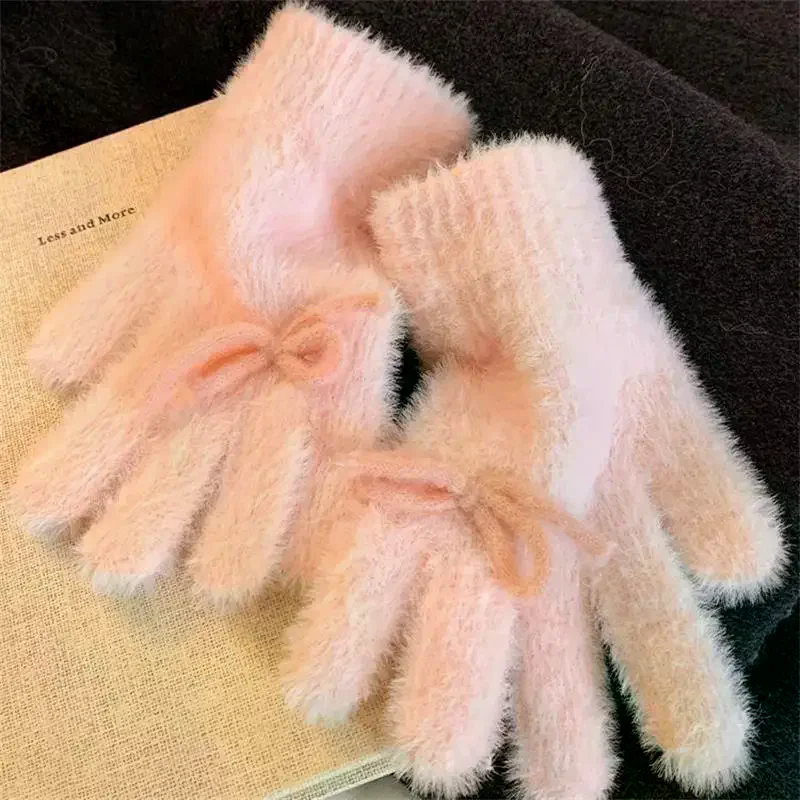 لطيف الحلو القوس قفازات قطيفة قفازات مقاومة للبرودة طالب شتاء دافئ خمسة أصابع قفازات النساء الإكسسوارات هدايا عيد الميلاد