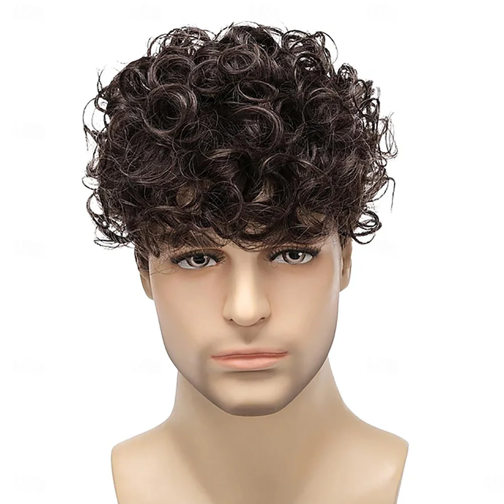 HAIRJOY Synthetic Hair Men Curly Wigs Dark Brown Short Wig Heat Resistant Costume Wig Mens Daily Cosplay Party Halloween Wig
