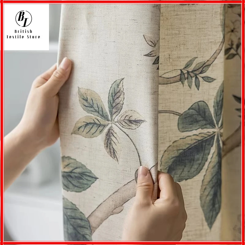 

American Pastoral Gray Plant Leaf Cotton and Linen Blackout Curtains for Bedroom Beige Original Hemp Window Treatment Drapes