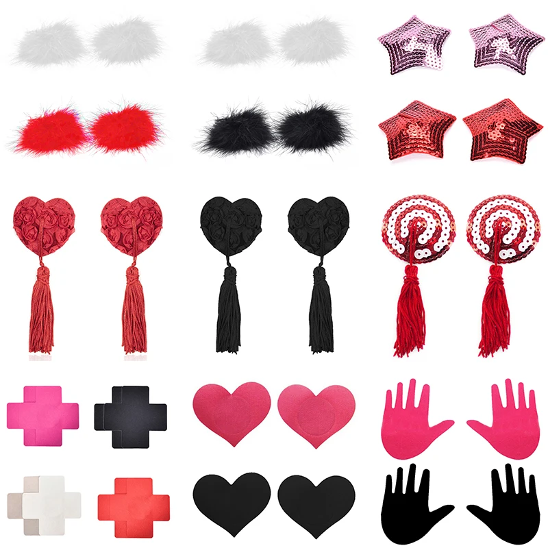 1 Pair Sex Product Sexy Sequin Nipple Covers With Tassels Heart Shape Nipple Stickers Pasties Wholesale Chest Stickers