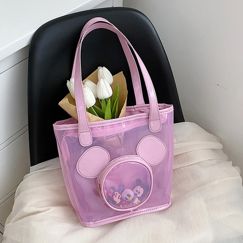 MINISO Disney Series Cartoon Mickey Large Capacity Jelly Bag Women\'s Fashion Shoulder Bag Transparent Bucket Bag