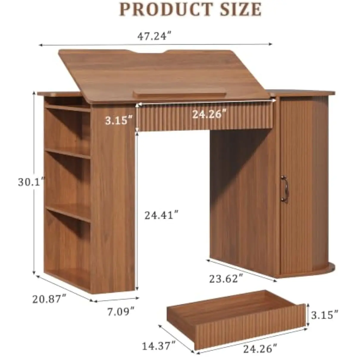 Drafting Desk with Adjustable Tilt Top 0–80°, Walnut Art Deco Style, Engineered Wood Surface, Open Shelving, Dual Drawers, Cabin