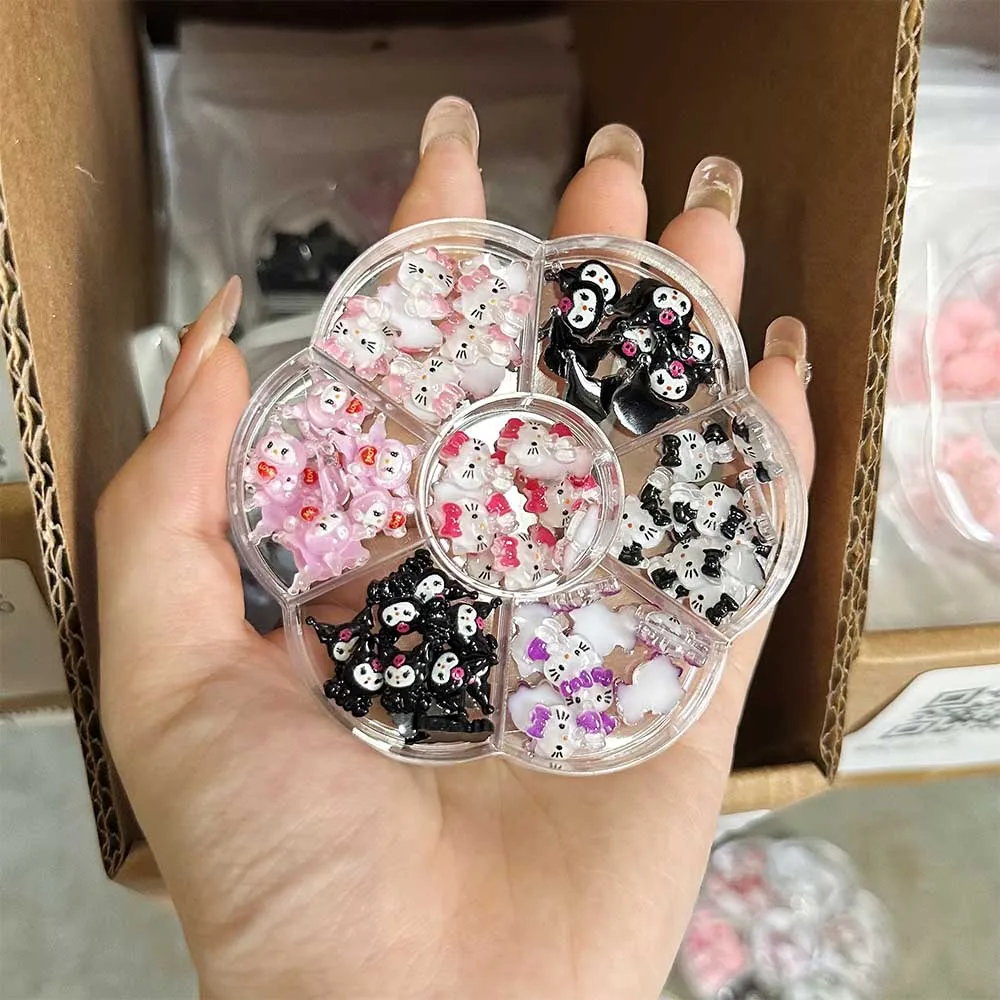 70Pcs/Box Kawaii Hello Kitty Nail Charms Cartoon Kuromi Pink Bow Nail Art Rhinestones Flat Back Y2K Cute Manicure Jewelry Decoor