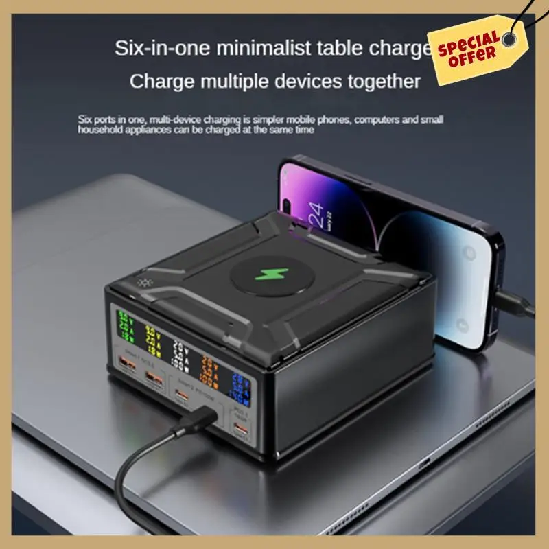 

Stable Performance-260W High Power Laptop Charger QC3.0 PD3.1 Multi-Port Charging Wireless Charging Black UK Plug