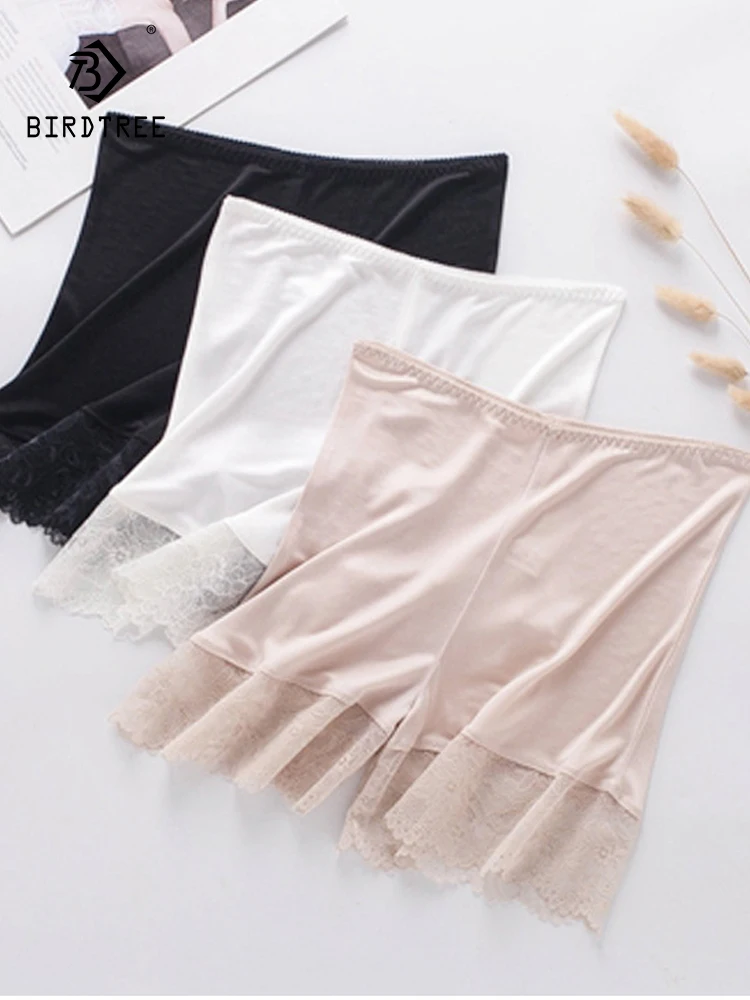 Birdtree, 30% Silk Lace Safety Shorts, Women Traceless Breathability Underwears, Bottoming Panties, 2024 Spring Summer P41474QC