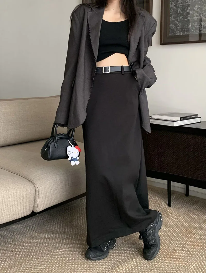 High Quality Woolen Maxi Skirts Female Elegant Chic High Waist Loose A-Line Skirts Women Vintage Streetwear Split Long Skirt