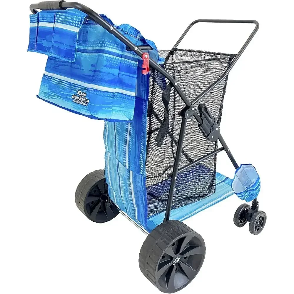 Carrello da Spiaggia Resistente a Strisce con Ruote Grandi, Contiene 4 Sedie, Tasca Portaoggetti, Porta Ombrellone, Borsa Rimovibile