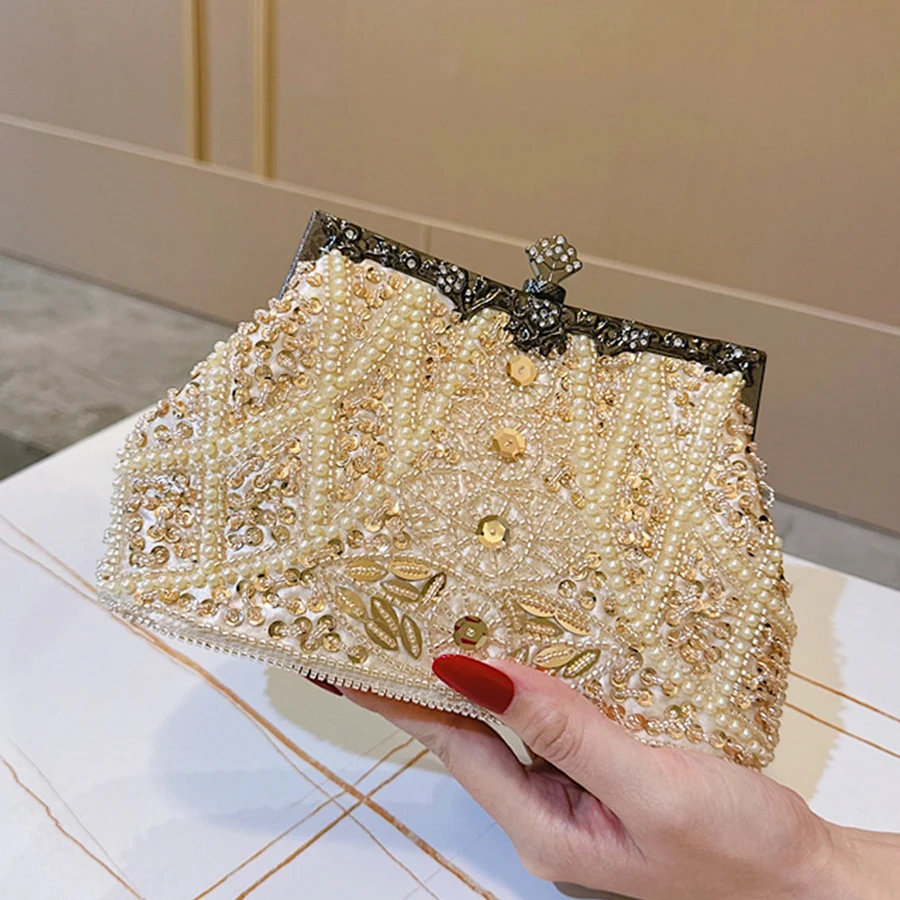 

Handcrafted Beaded Clutch Purse - Classic Portable Dinner Bag For Bridesmaids Glittering Crystal-Encrusted Evening Bag Champagne