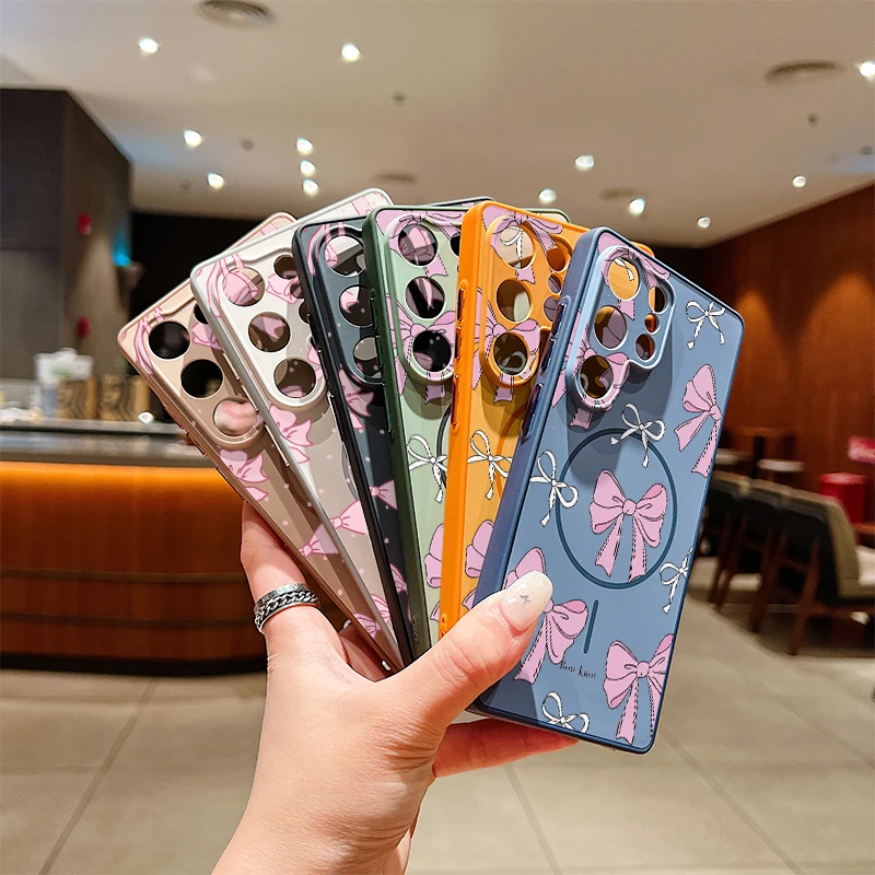 Magnetic Skin Feel Phone Case For Samsung Galaxy S26 Ultra S25 Edge S24 Plus S23+ S22 Bow Knots Print For Magsafe Back Cover