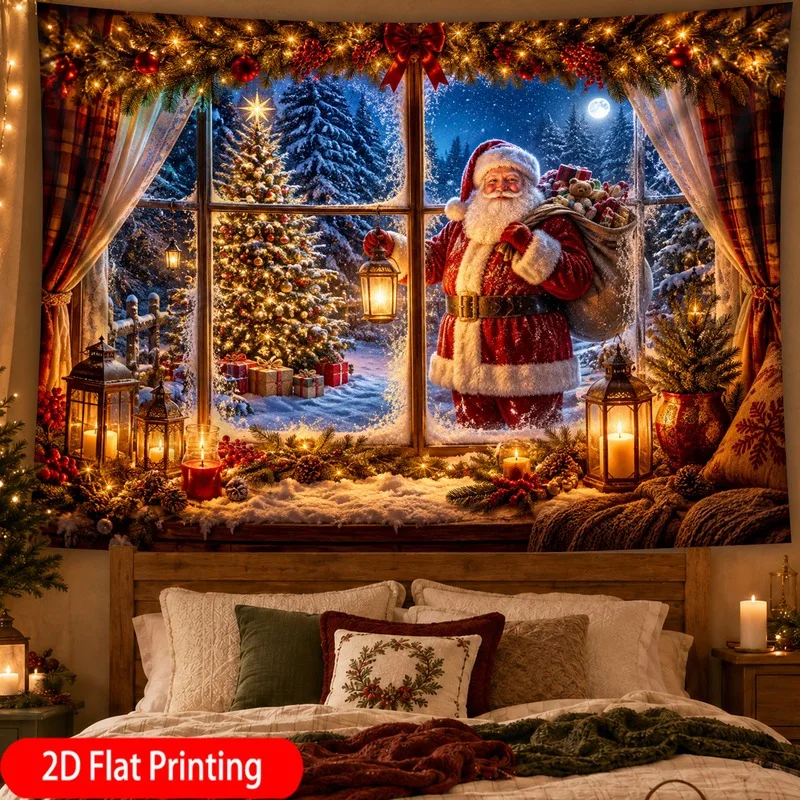 VIKAMA Holiday Greetings Tapestry, Red Christmas Balls Candy Canes, Xmas Wall Hanging Decor for Home Party Bedroom Dorm