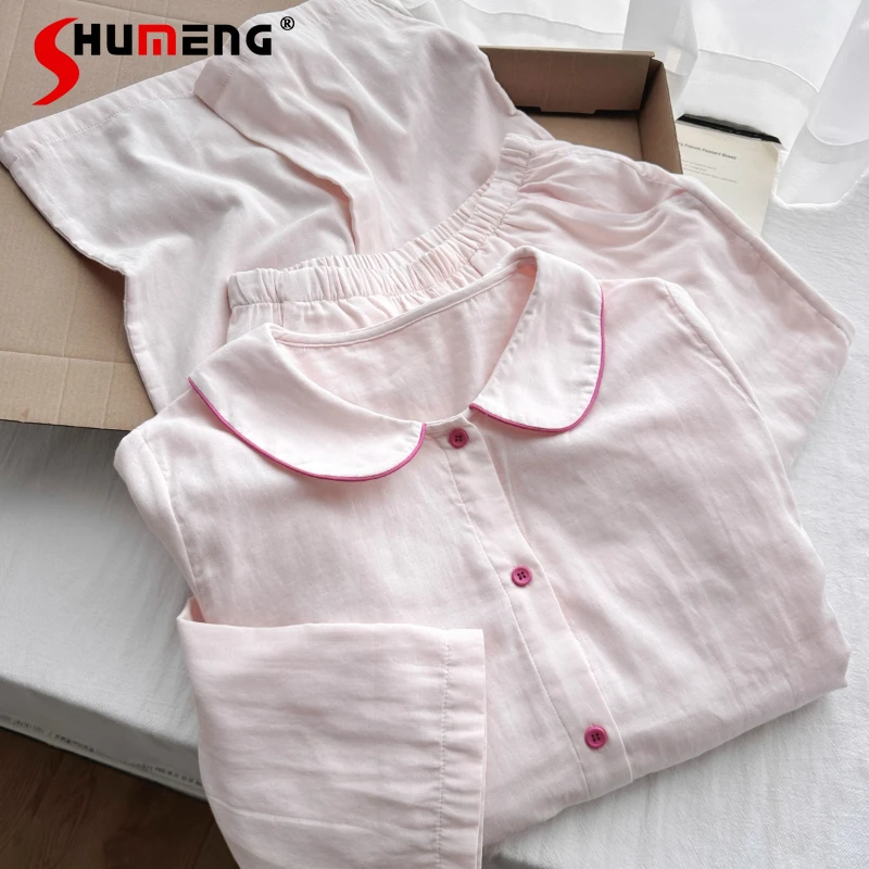 بيجامة من القطن الخالص بياقة الدمية الوردية للنساء لربيع وخريف ملابس منزلية جديدة طقم مكون من قطعتين من القطن بنمط ياباني 100%