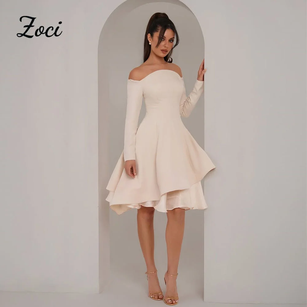 

Zoci Strapless Long Sleeve Prom Dresses Customized Ruffles A Line Short Evening Party Gowns Knee Formal Occasion Party Dress
