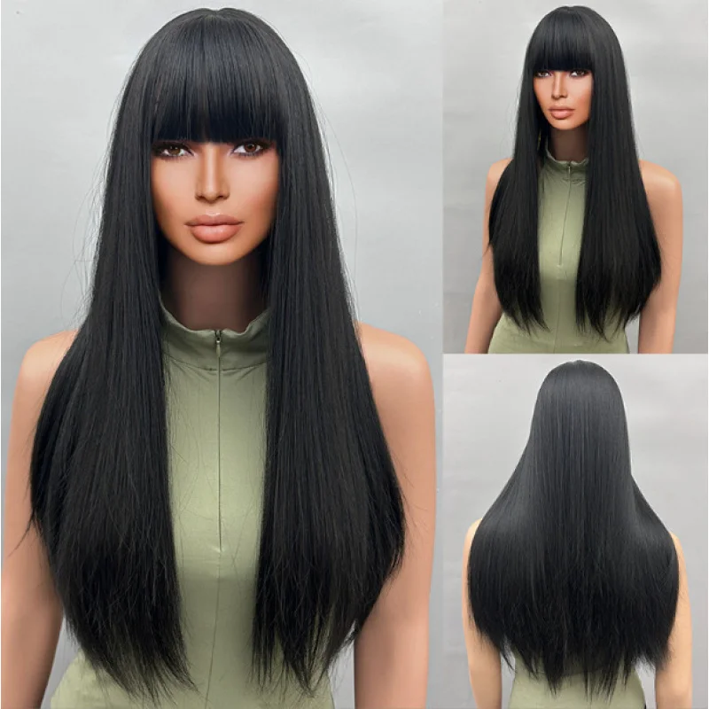 

European fashion , red synthetic fiber full head wig for women, long straight hair with bangs