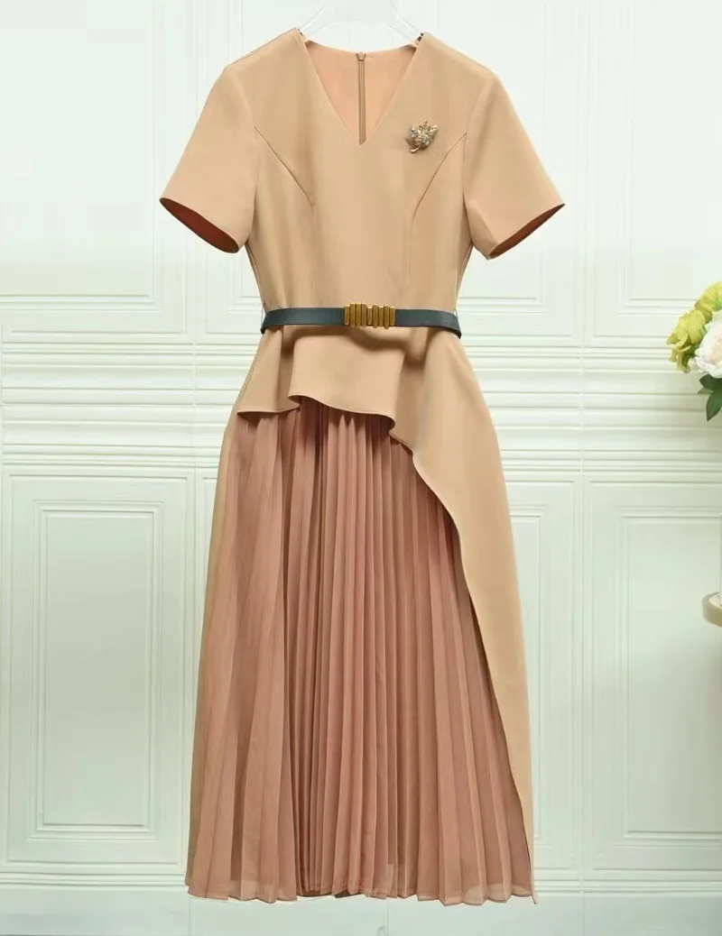 

Luxury Clothes Women 2024 Summer Fashion Dress Elegant Women Brooches Belt Deco Short Sleeve Mid-Calf Pleated Dress XXL