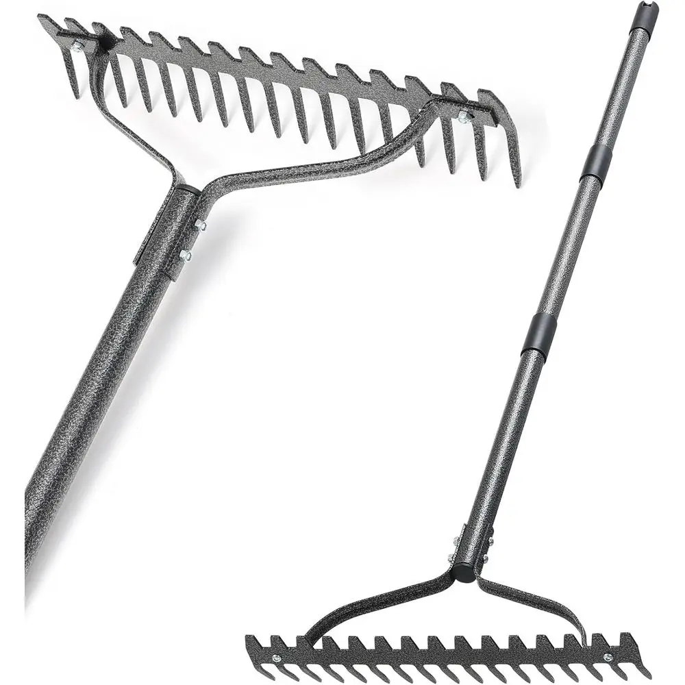

Heavy-Duty Metal Garden Rake: 63 Long Handle, 17 Tines for Soil Loosening, Lawn Leveling, and Leaf Cleaning