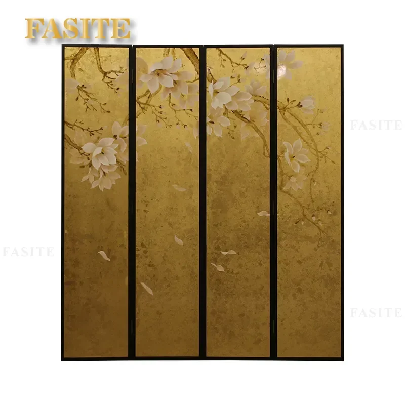 For Screen Hotel Living Room Bedroom Mural Hand Painted Lacquer Painting Folding Screen Broken Gold Leaf Magnolia