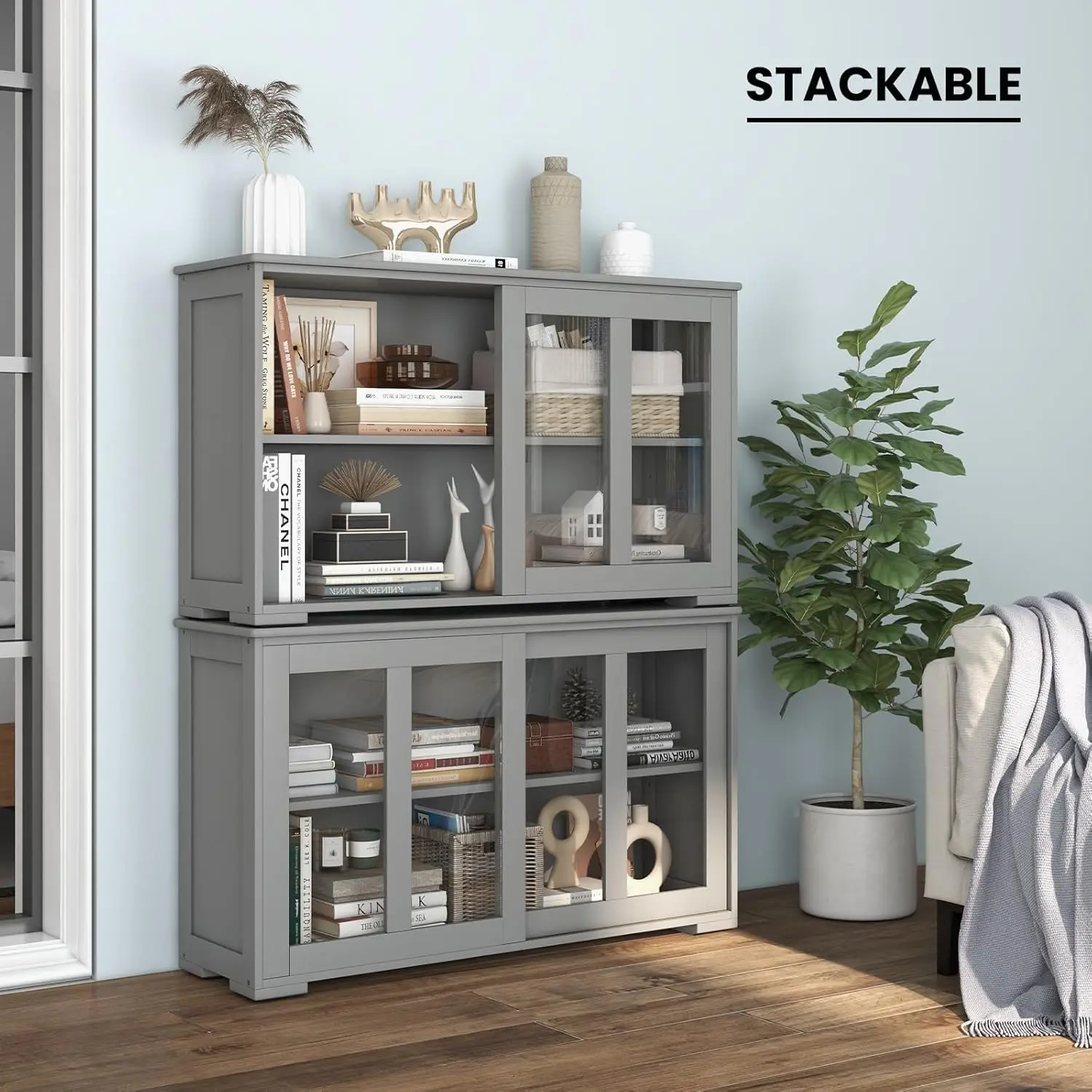 Buffet Sideboard with Storage, 2-Door Sliding Glass Cabinet, Adjustable Shelf, Stackable Kitchen Entryway Cabinet (Gray)