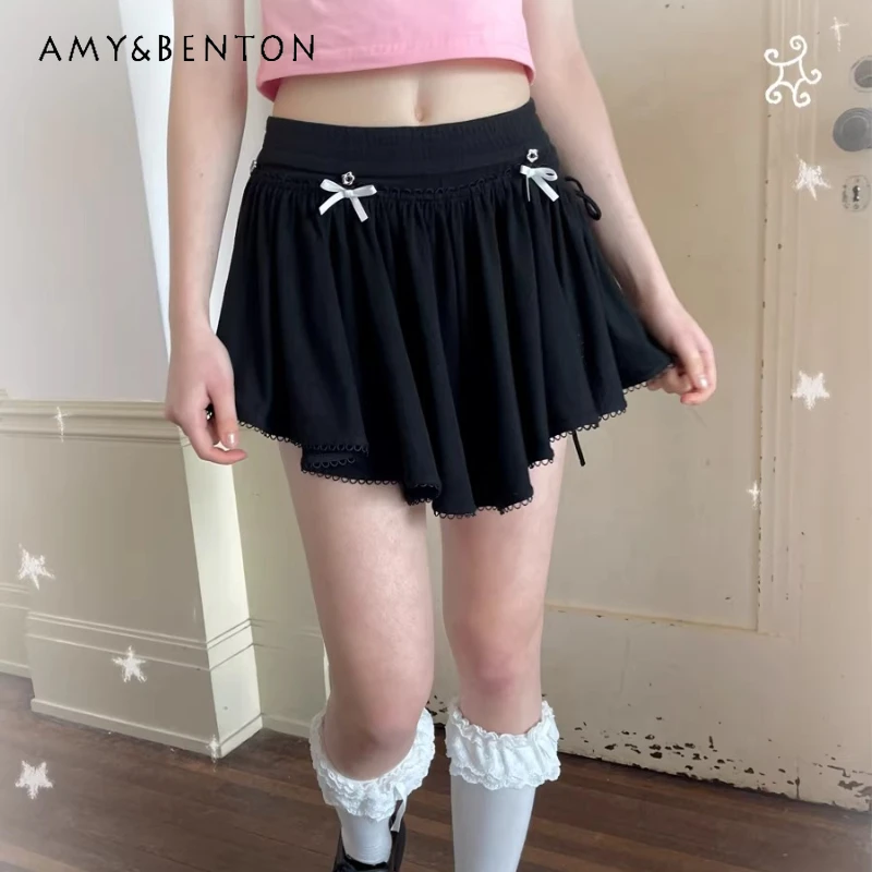 

Новая коллекция Весна-Лето 2026: Черные женские трикотажные шорты-юбка в японском стиле для девушек, милые и стильные, с отстегивающимися элементами