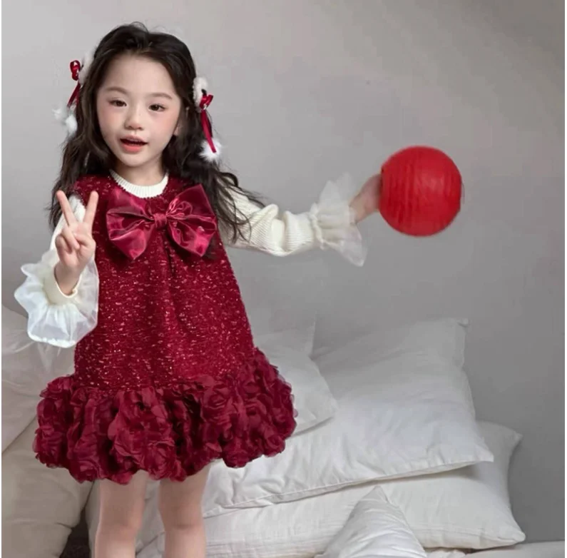 New Baby Girls Winter Wine Red  Vest Bow Rose Floral  Dress, Princess Kids Elegant Party Birthday Dress 2-7T