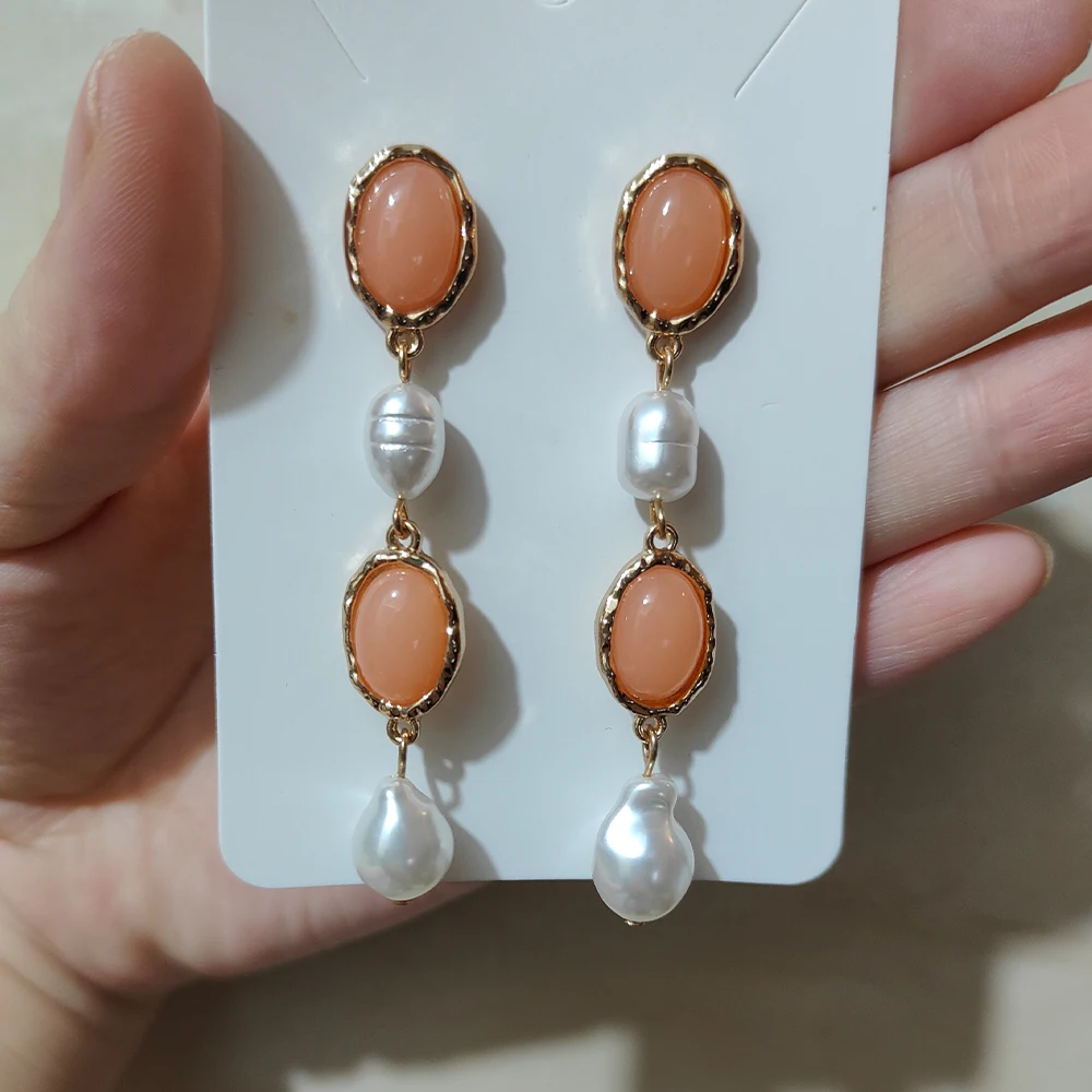 Aesthetic Jewelry Accessories Elegant Long Pink Acrylic Pearl Encrusted Crystal Rhinestone Dangle Pendant Earrings for Women