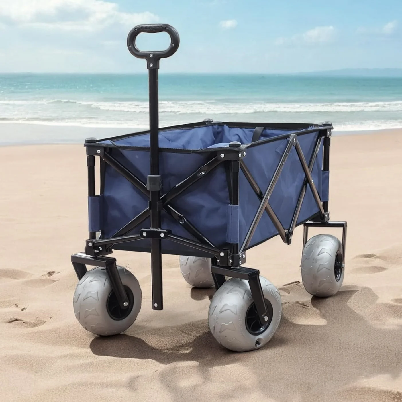 Beach and Camping Folding Wagon Cart with Balloon Wheels Stainless Steel Collapsible Trolley for Outdoor Activities