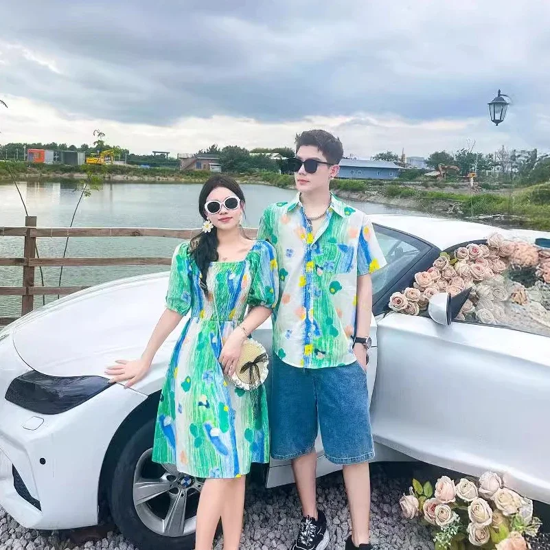 Resort Couple Look Family Beach Clothes Vacation Mom Daughter Matching Green Dress Dad Son Sea Shirts Korean Children Clothing