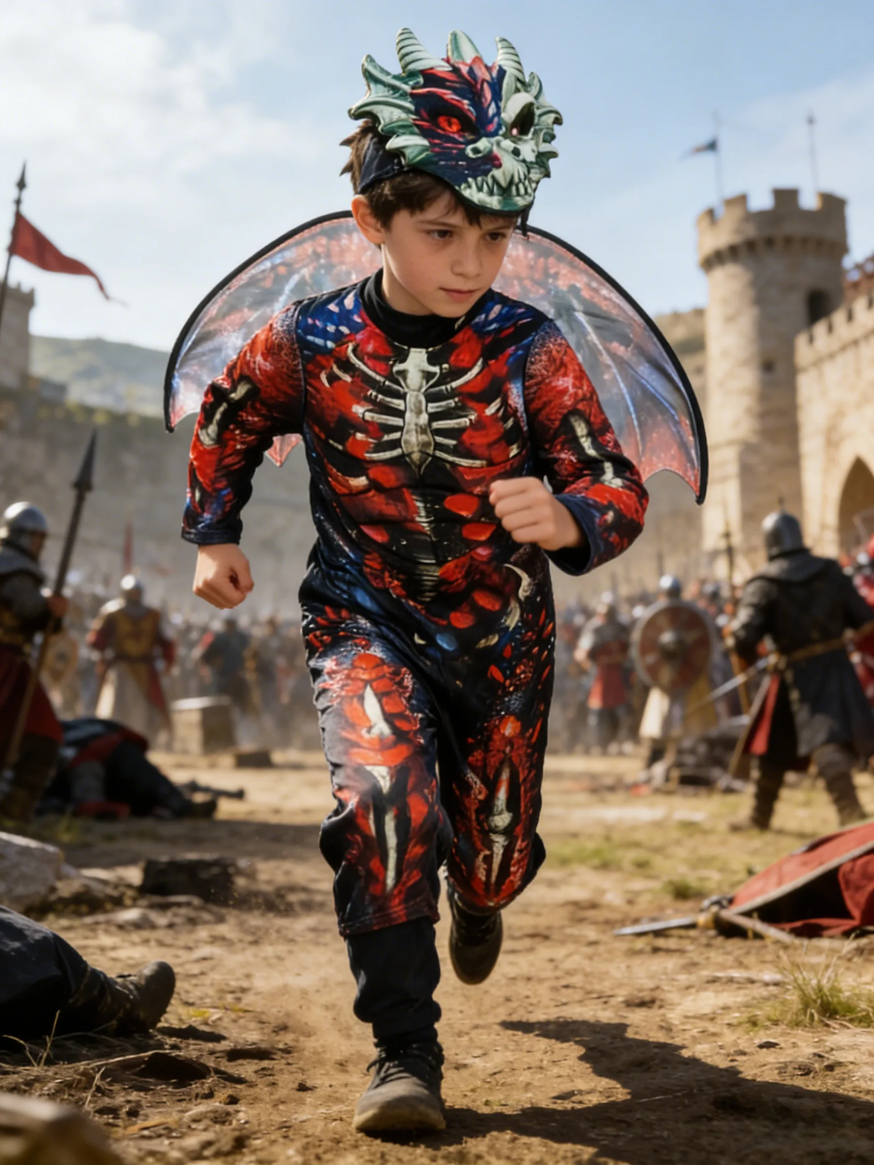 

A Luxurious Boys' Performance Outfit Set: 1 Luxurious Muscle-Embellished Boys' Jumpsuit with Skull Print + 1 Printed Wing + 1 Non-Woven Mask with Dinosaur Print, Featuring a Realistic Skull Print Overall Effect, Perfect for Boys' Halloween, Carnival, and 