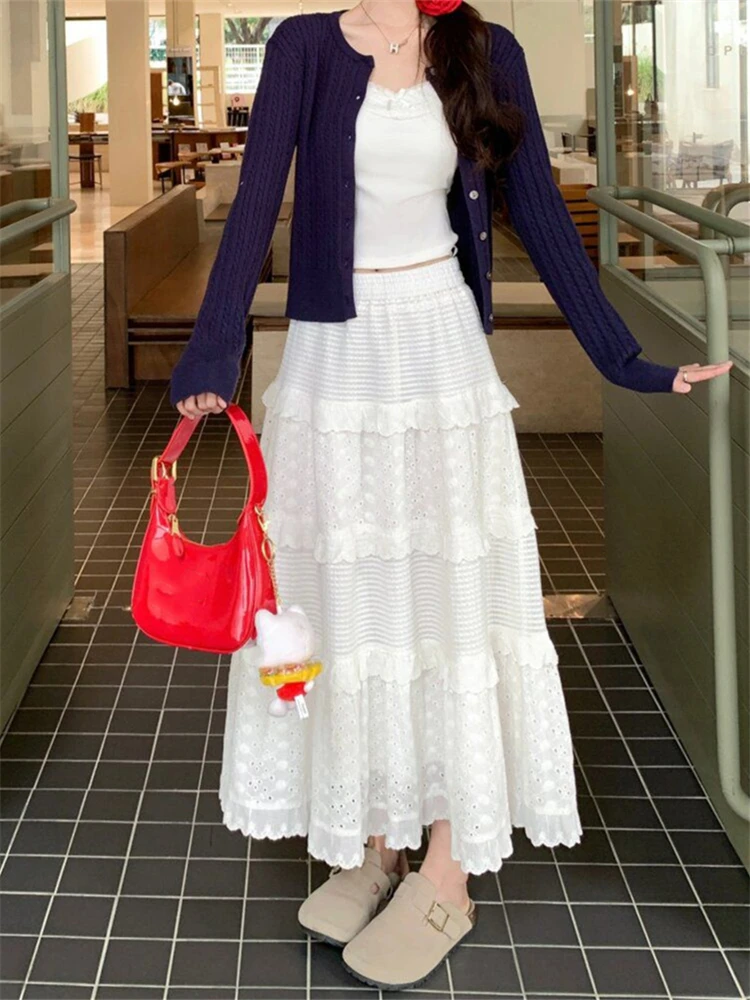 

Юбка А-силуэта с высокой талией, женская, больших размеров, с кружевной отделкой, миди, корректирующая фигуру, скрывающая бедра, в корейском стиле, для повседневной носки