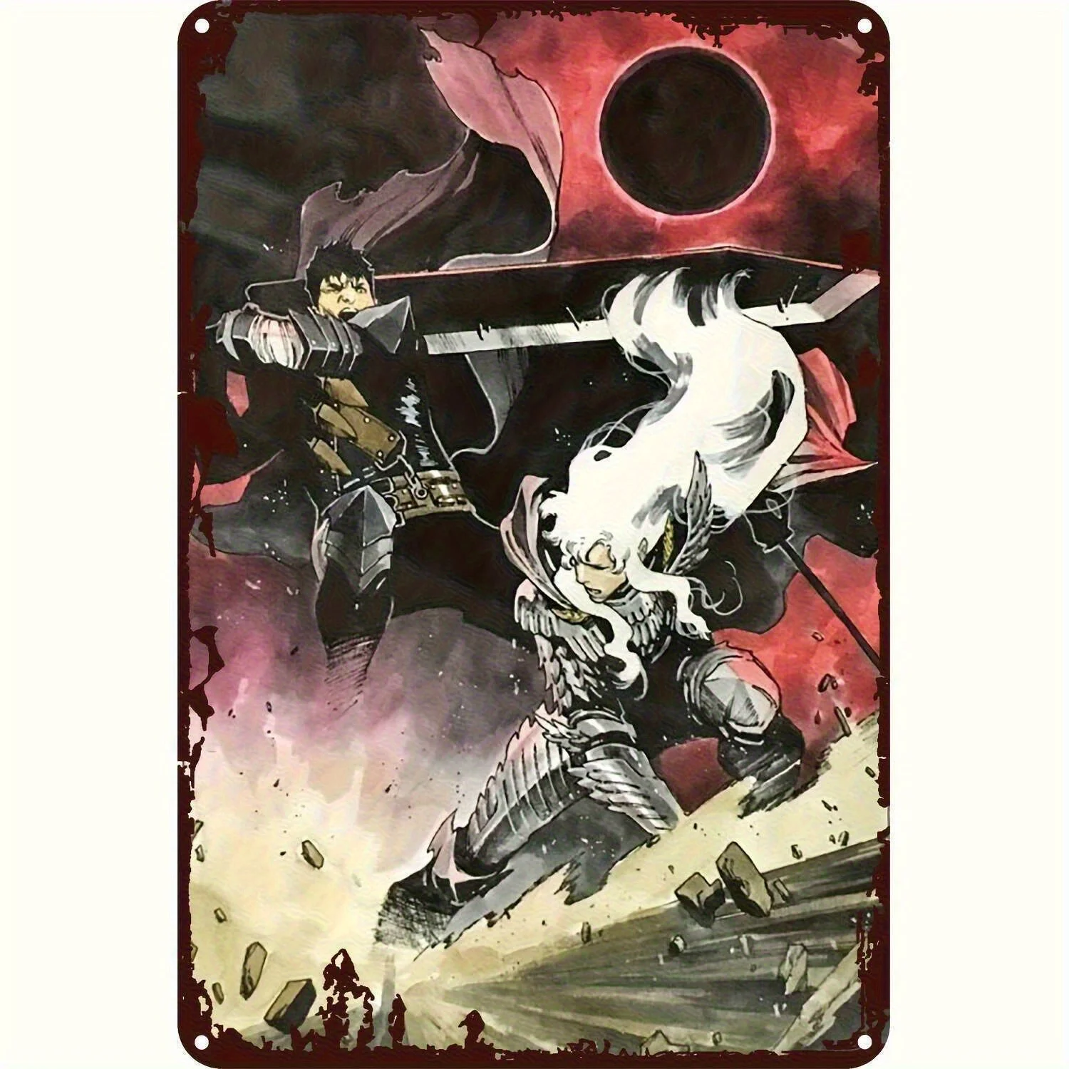 Anime-Inspired Swordsmen Battle Metal Tin Sign- Vintage Iron Wall Art with Vibrant Red& Black Dynamic Action Scene, Indoor/Out