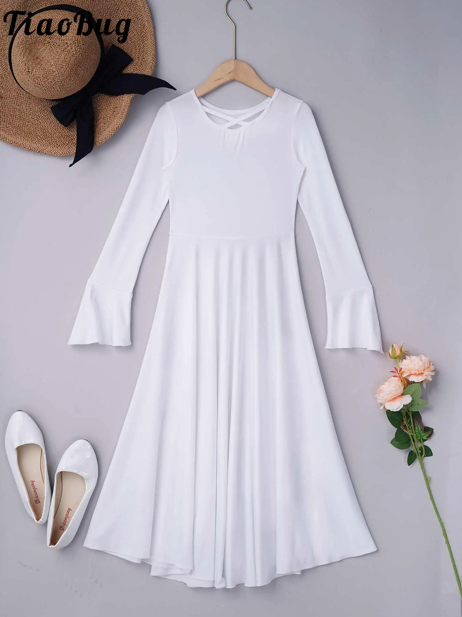 Kids Girls White Praise Liturgical Full Length Dress Girl Long Sleeve Lyrical Ballroom Dance Dress Church Christian Worship Wear