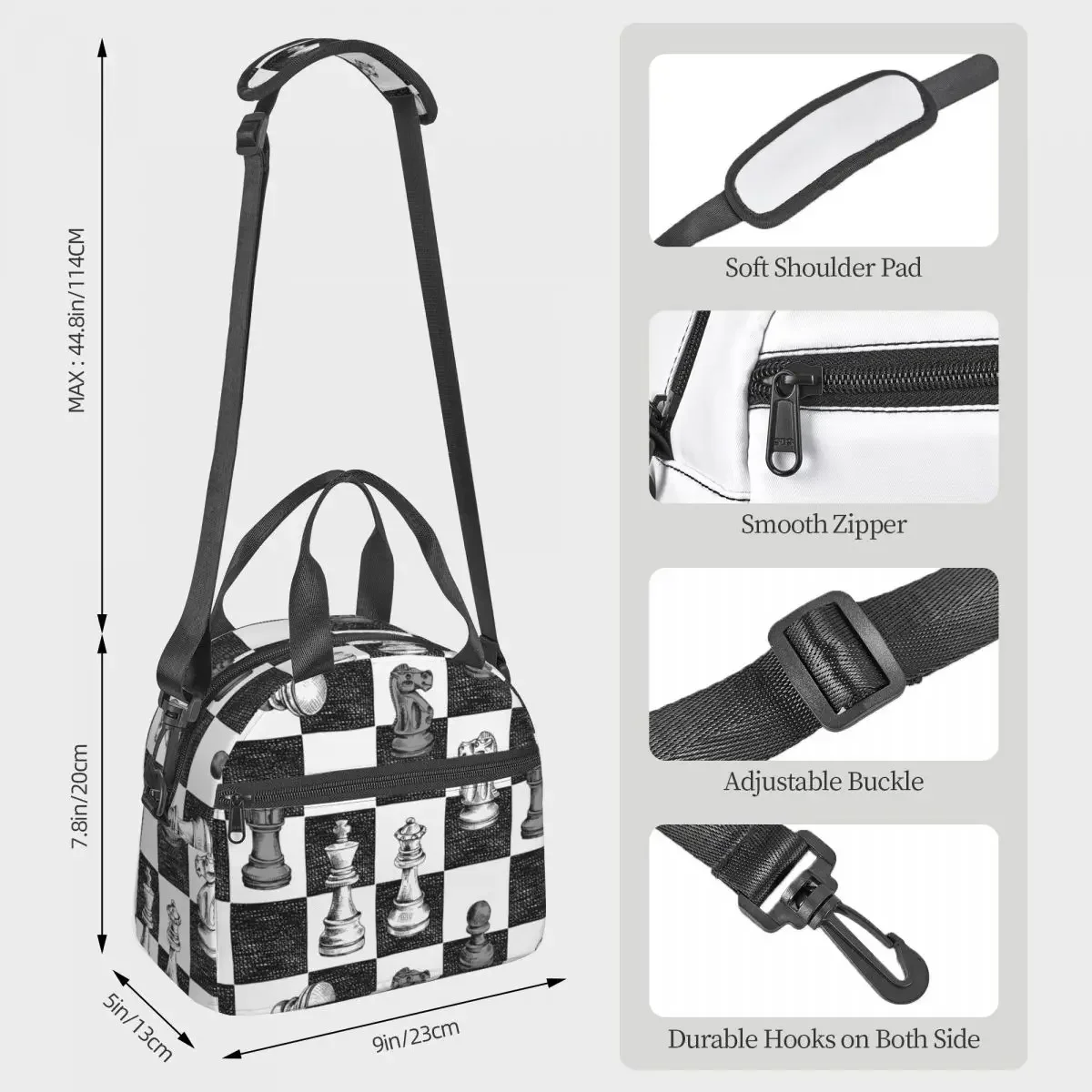 Chess Figures Checkered Large Thermal Insulated Lunch Bag With Adjustable Shoulder Strap Portable Bento Box Thermal Lunch Boxes