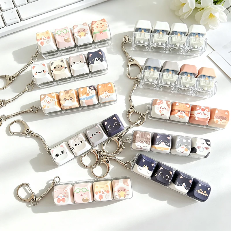 Cute Cat Relax Button Keycap, Kawaii Cat 4-Key Keyboard Fidget Toy Portable Fidget Mechanical Keyboard Keychain Bag Charm Gifts