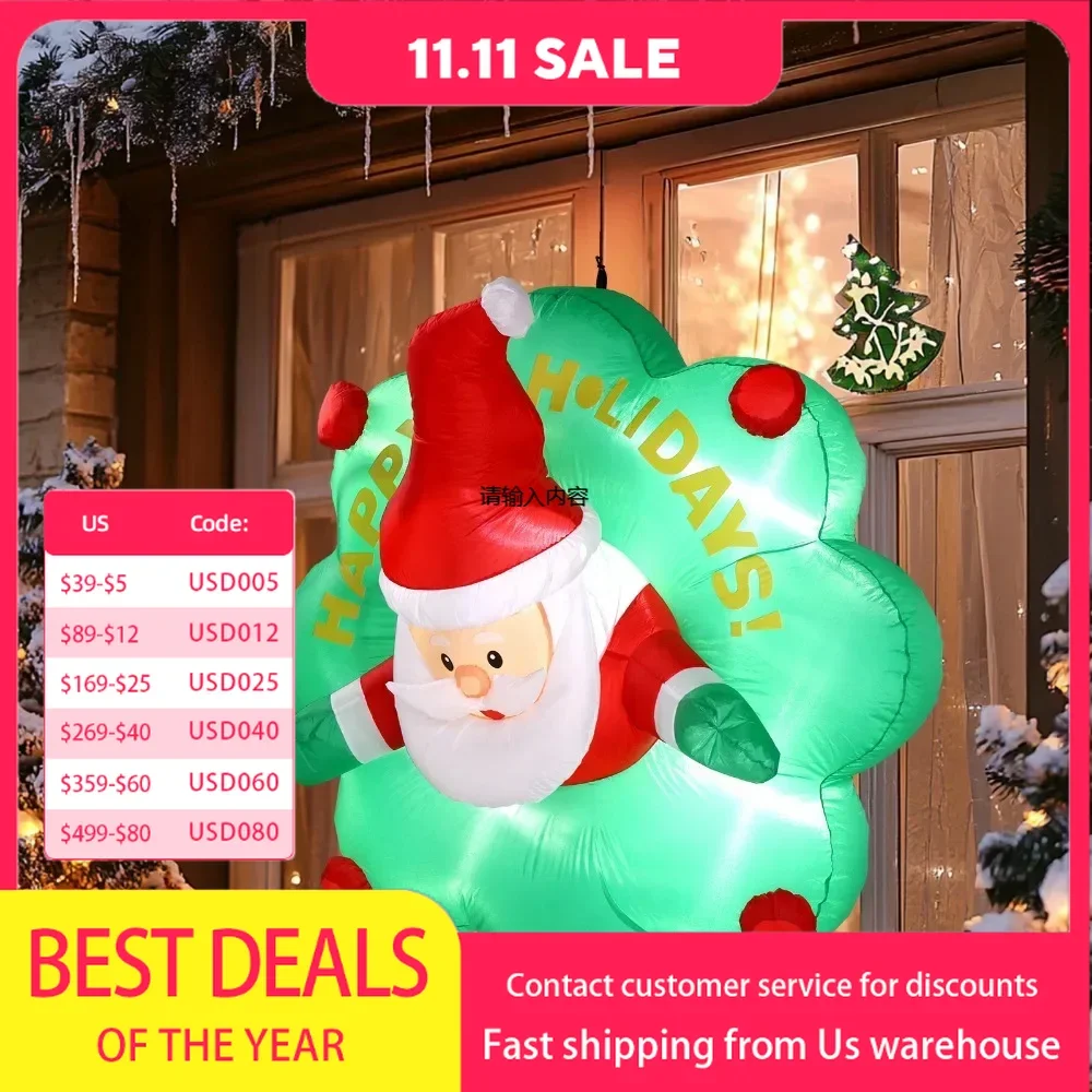 4 FT Lighted Christmas Inflatable Santa with Wreath Broke Out from Window, Large Blow Up Hanging Inflatable Decoration