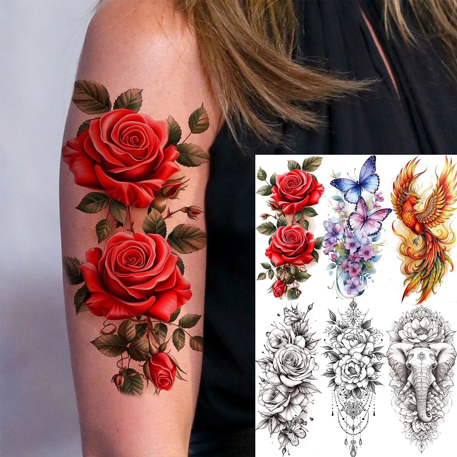 1 feuille imperméable 3D Rose papillon tatouages temporaires pour femmes filles corps Tatoos fleurs réalistes Phoenix faux tatouage autocollant